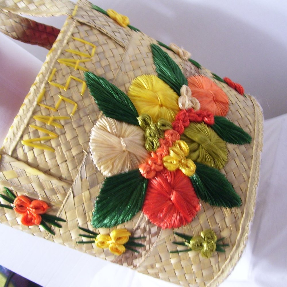 Fashion Handbag Summer Vegan Straw Tote Floral Yellow Orange Green NWOT